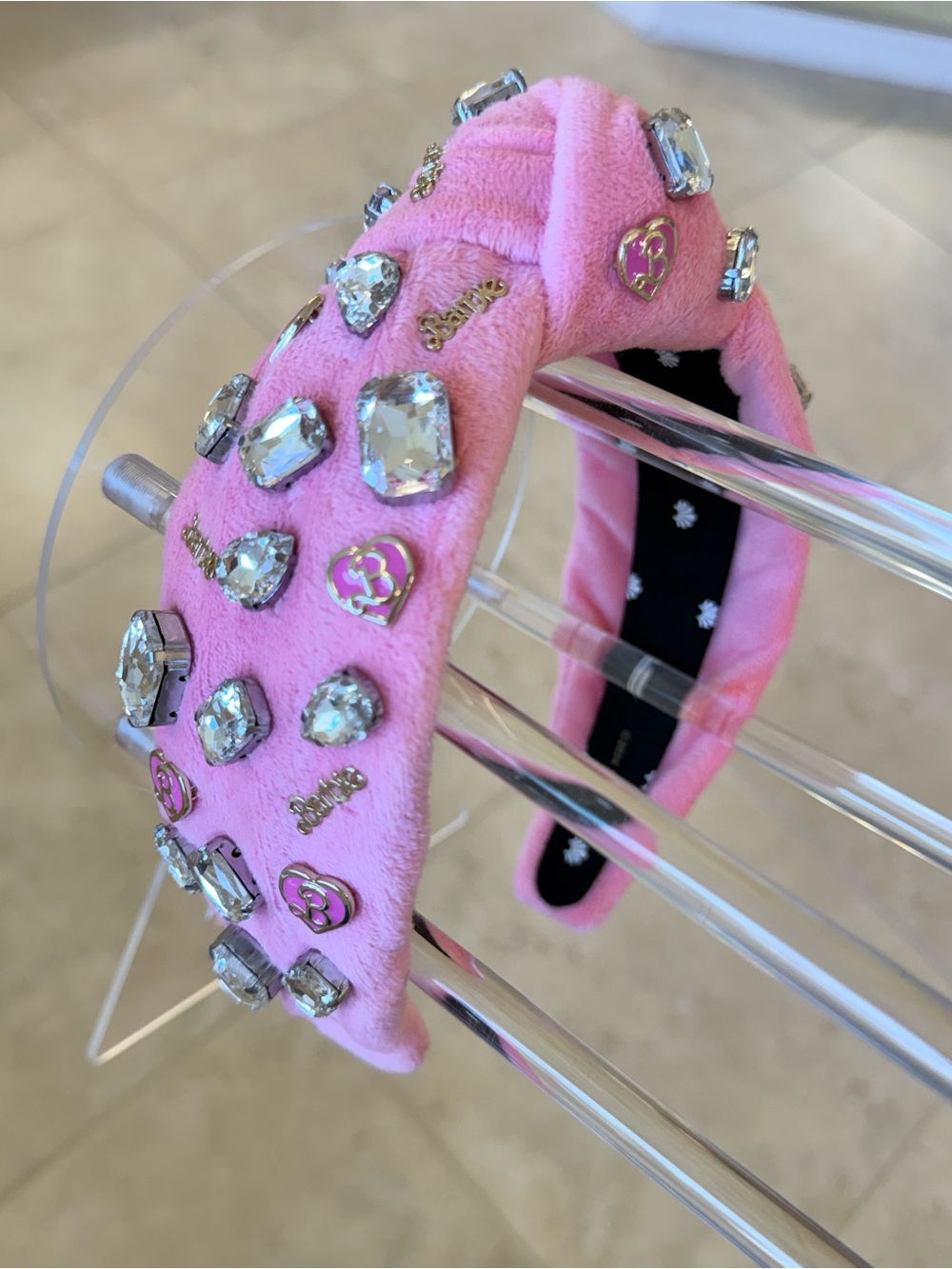 Lele Sadoughi Barbie Pink Crystal heart Embellished Pink Padded Jeweled Headband